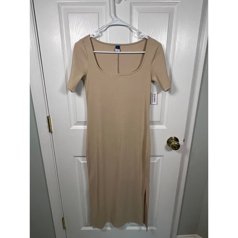 Old Navy Womens Ribbed Scoop Neck Midi Bodycon Dress Tan Beige Small NWT (IN#52)